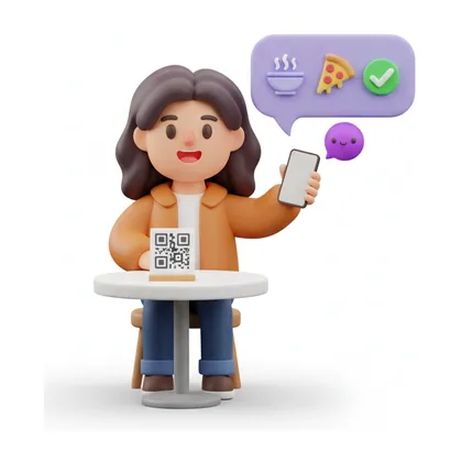 Een gast aan tafel scant de QR-code en bekijkt de menukaart op haar telefoon