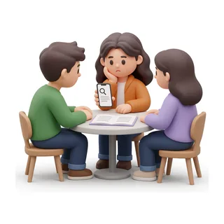 Vrienden aan tafel bij een onleesbare kaart, een telefoon zoekt