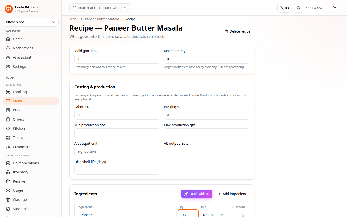 Recipe line with quantity set