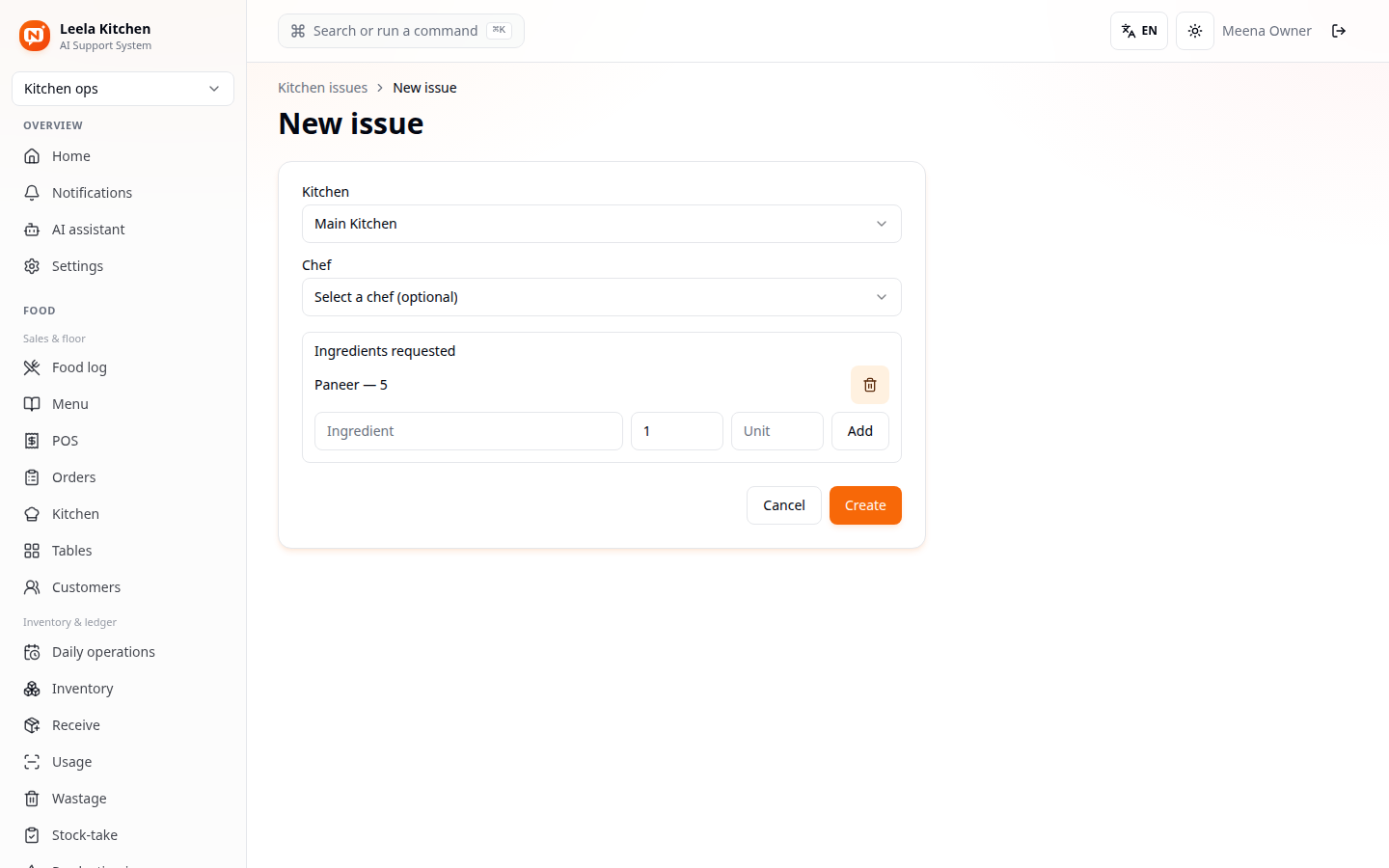Kitchen issue form filled in