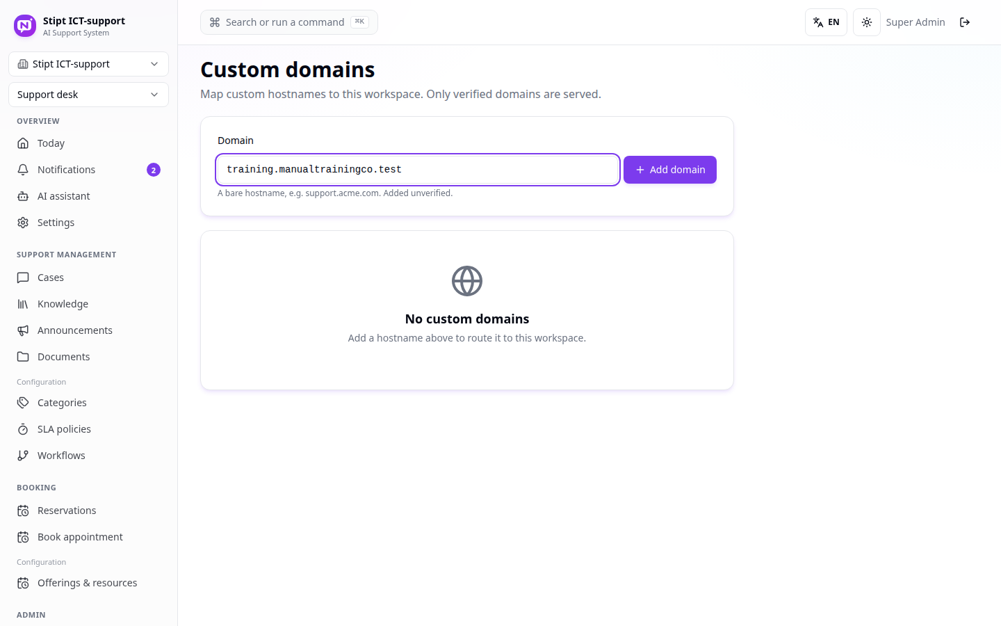 Custom domain field filled in